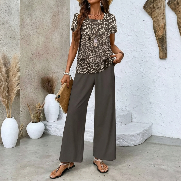 Dames Print Pak Set - Mouwloos Dubbel Laags Vest & Losse Rechte Broek