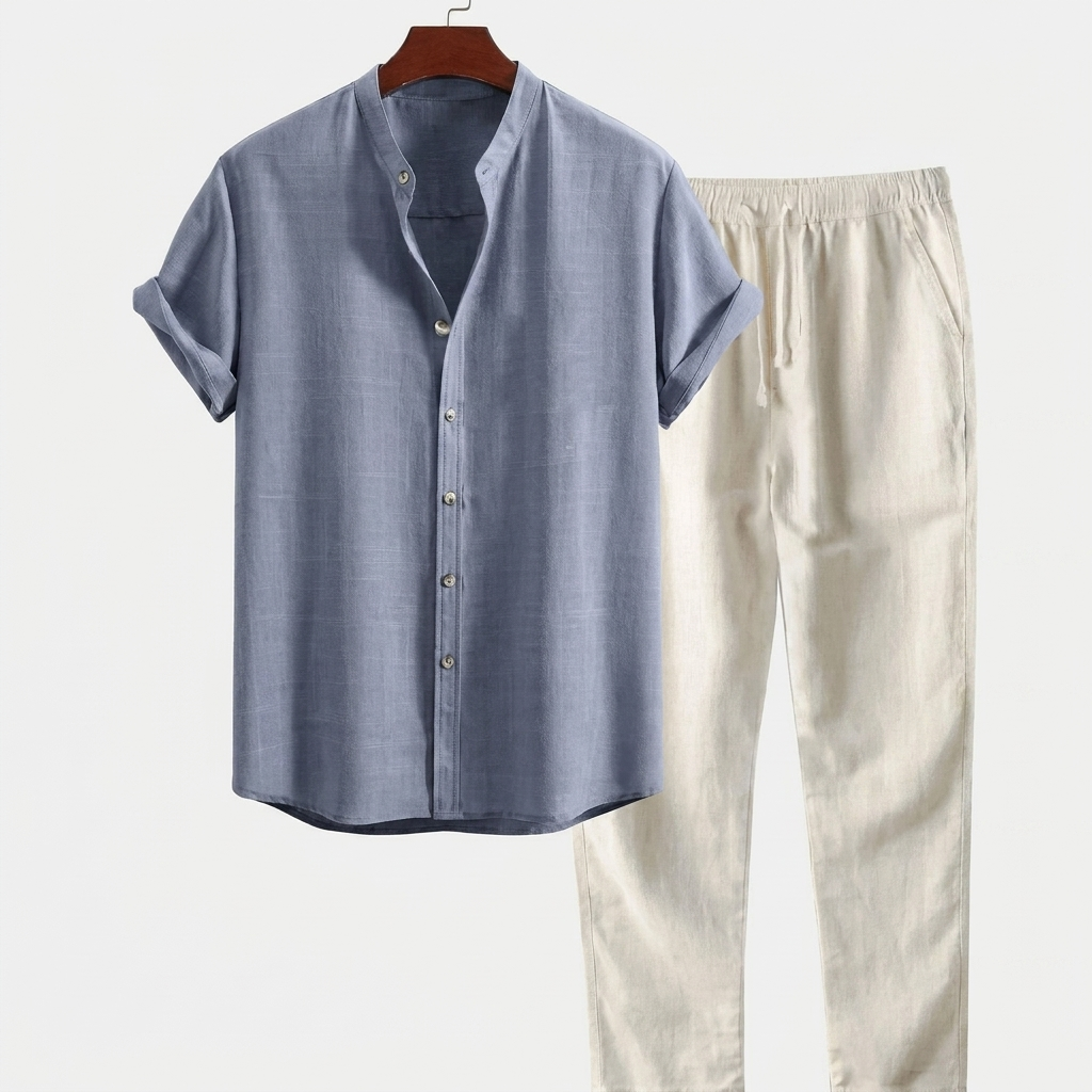 Heren Vrijetijdspak met Kortemouw Shirt en Relaxte Pasvorm Broek