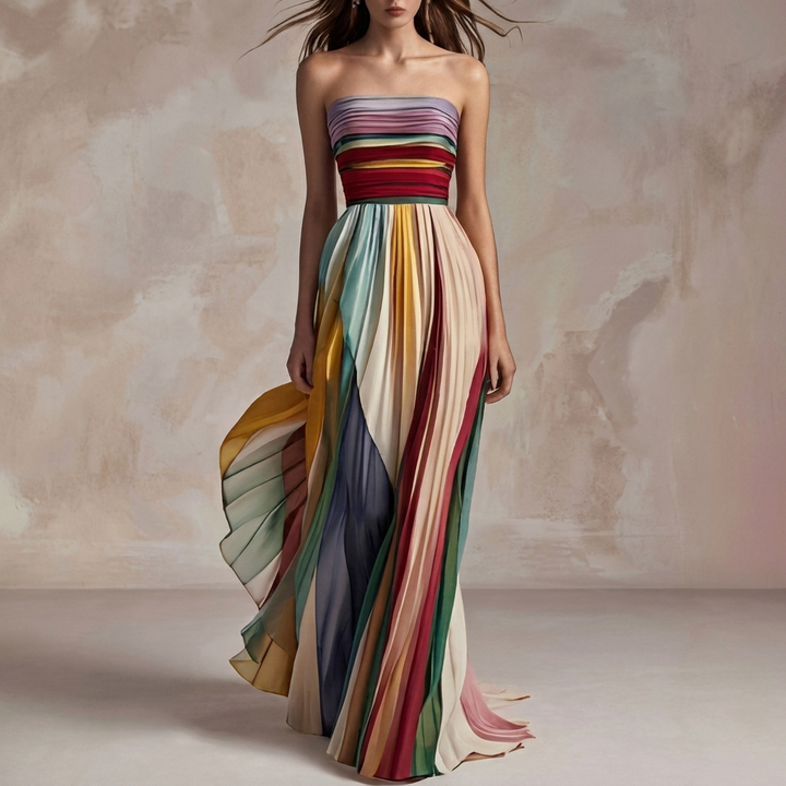 Dames Maxi Jurk met Bandeau Hals, Open Rug en Bedrukte Print