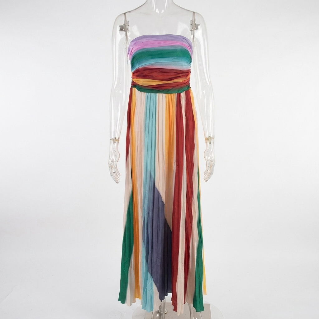 Dames Maxi Jurk met Bandeau Hals, Open Rug en Bedrukte Print