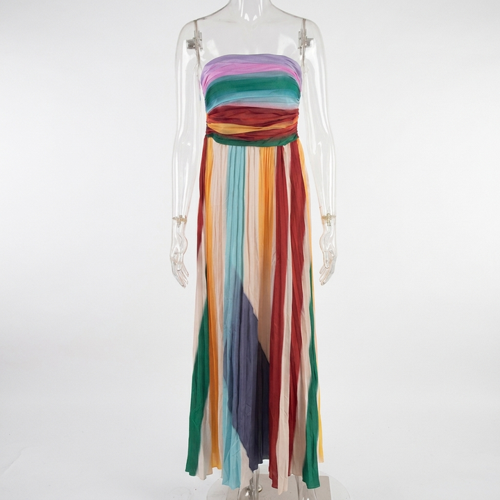 Dames Maxi Jurk met Bandeau Hals, Open Rug en Bedrukte Print