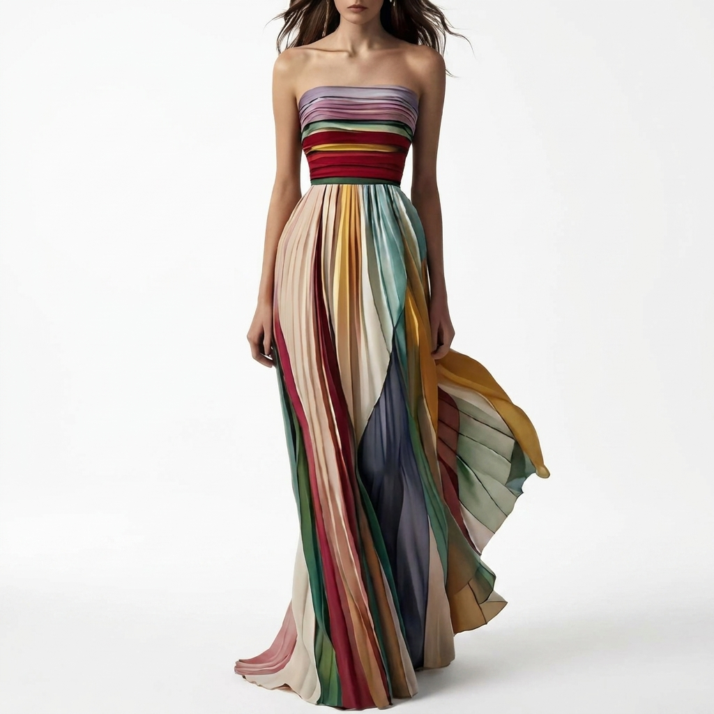 Dames Maxi Jurk met Bandeau Hals, Open Rug en Bedrukte Print