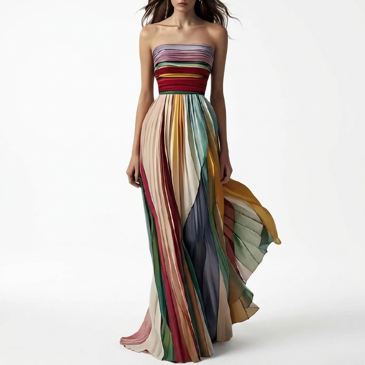 Dames Maxi Jurk met Bandeau Hals, Open Rug en Bedrukte Print