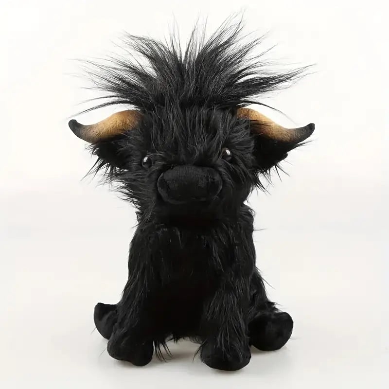 Highland-koe knuffel van pluche met ruige vacht en geborduurde details