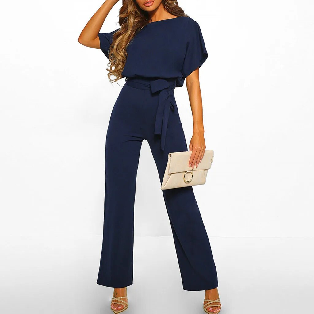 chique zomerse jumpsuit met wijde pijpen trekkoord geplofte mouwen top shirt broek chique elegant zomer lente donkerblauw marineblauw