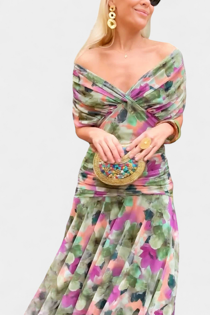 Lange, elegante, vloeiende damesjurk – V-hals, verfijnd ontwerp