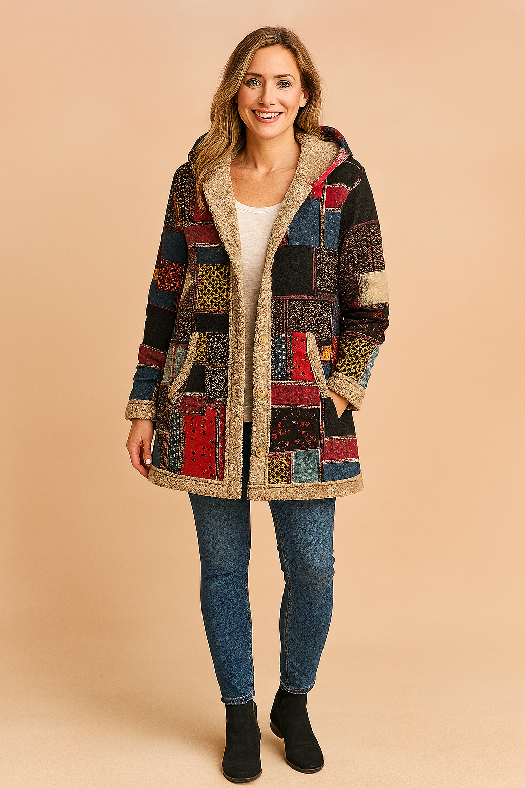 Dames Fleecejas Lang met Capuchon - Patchwork Dessin in Kleurrijke Print