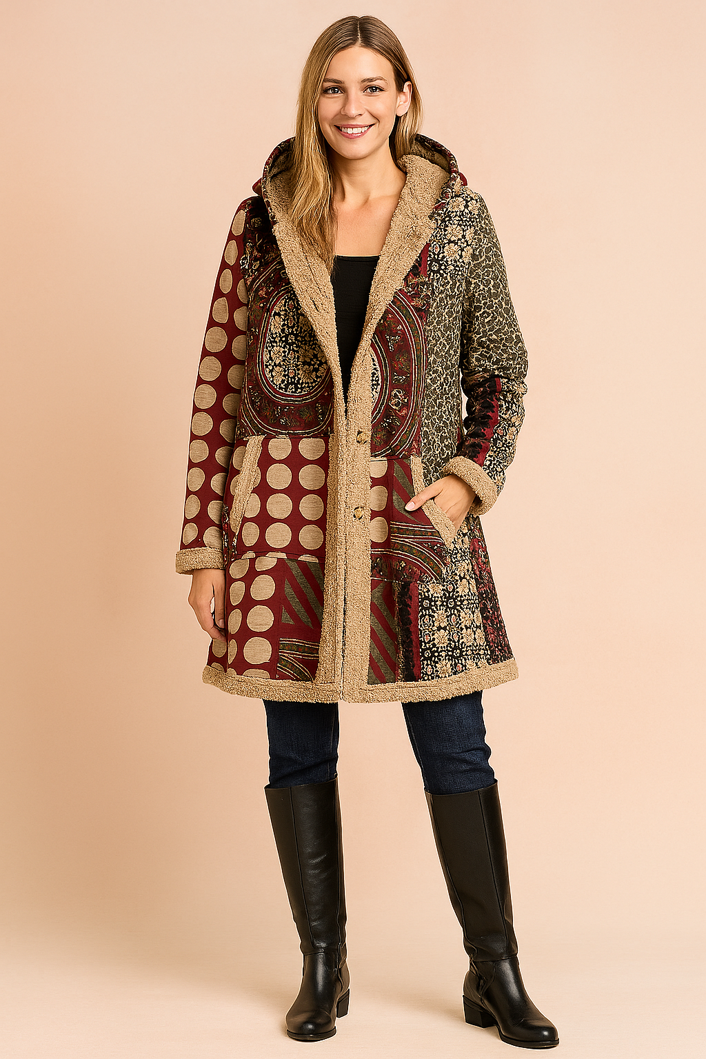 Dames Fleecejas Lang met Capuchon - Patchwork Dessin in Kleurrijke Print