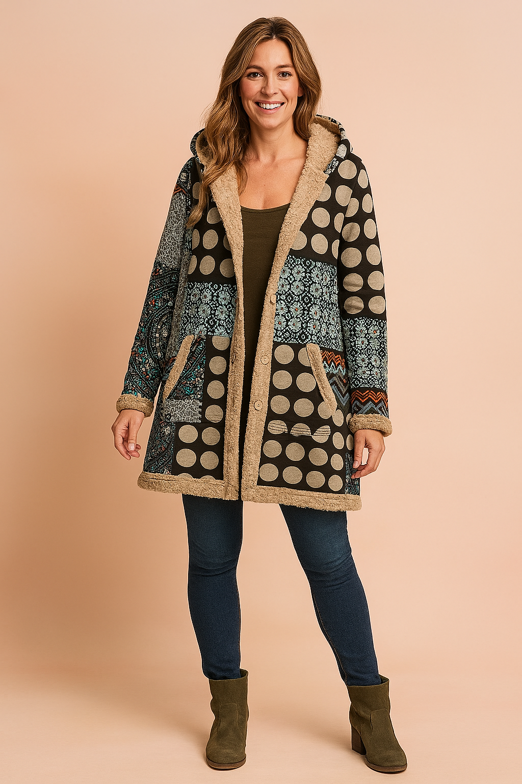 Dames Fleecejas Lang met Capuchon - Patchwork Dessin in Kleurrijke Print