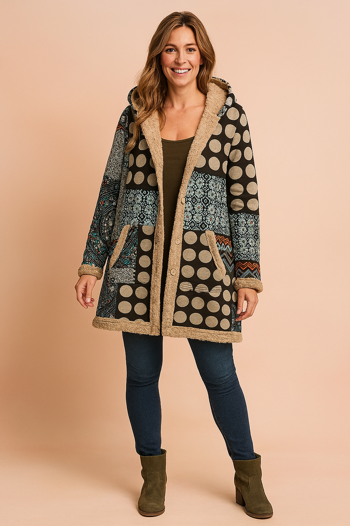 Dames Fleecejas Lang met Capuchon - Patchwork Dessin in Kleurrijke Print