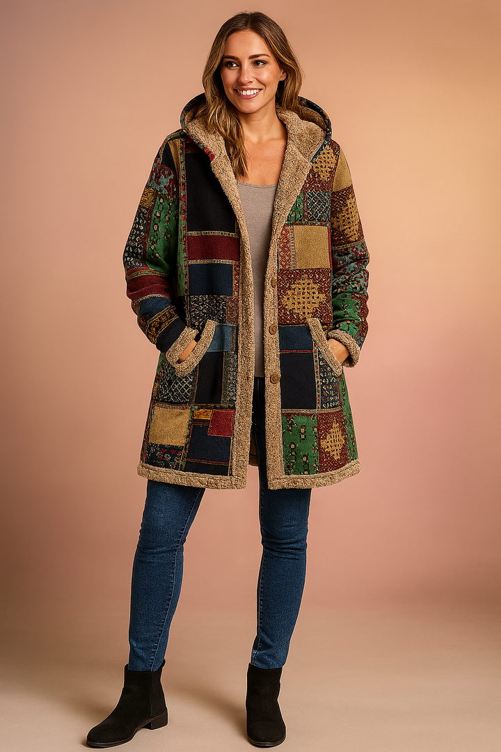 Dames Fleecejas Lang met Capuchon - Patchwork Dessin in Kleurrijke Print