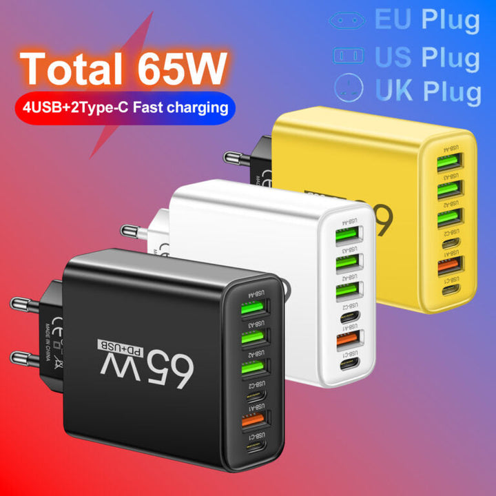 PowerMax 65W 6-in-1 Snellader – Laadt tot 6 apparaten tegelijk op – Ideaal voor thuis, kantoor en op reis