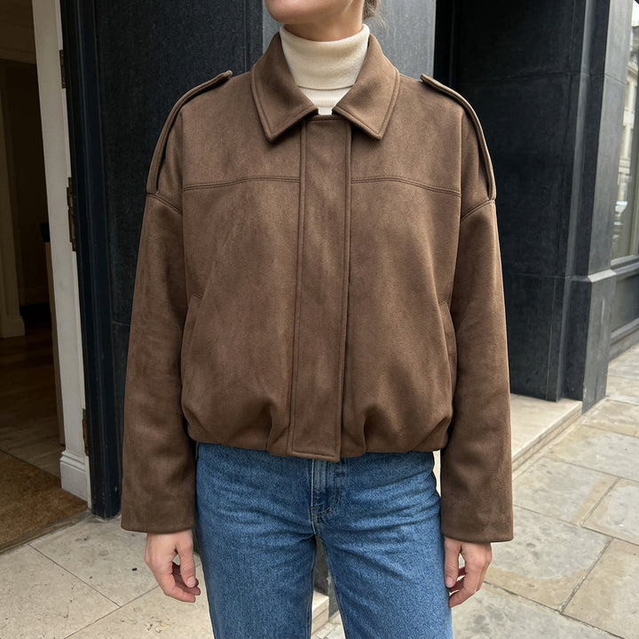 Dames Suède Bomberjack Cropped met Getailleerde Pasvorm