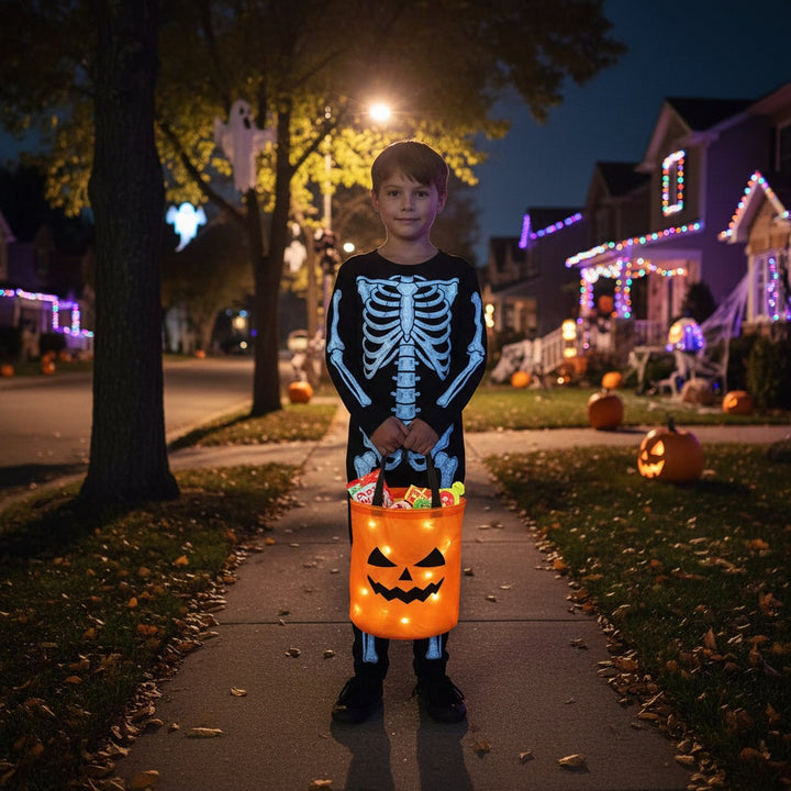 Kinder-Halloween snoeptas en trick-or-treat herbruikbaar met LED-pompoenlampjes en handvatten als feestcadeautje