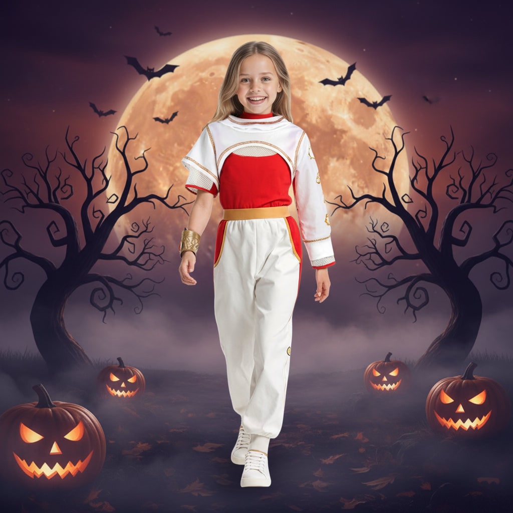 Halloween cosplaykostuum voor kinderen, jumpsuit met asymmetrische mouwen, gouden polsmanchet, blond