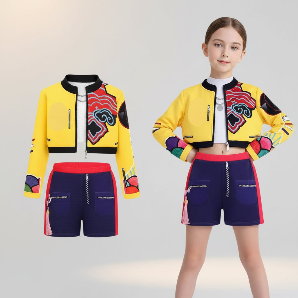 Halloween hiphop-dansoutfit voor kinderen met korte jas, top met print en wijd uitlopend rokje