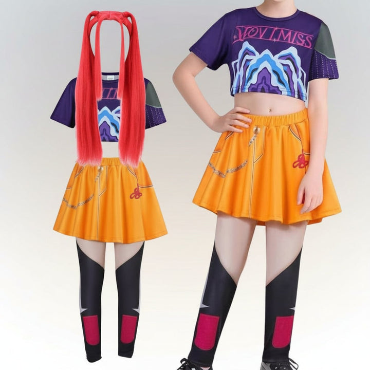 Halloween hiphop-dansoutfit voor kinderen met korte jas, top met print en wijd uitlopend rokje