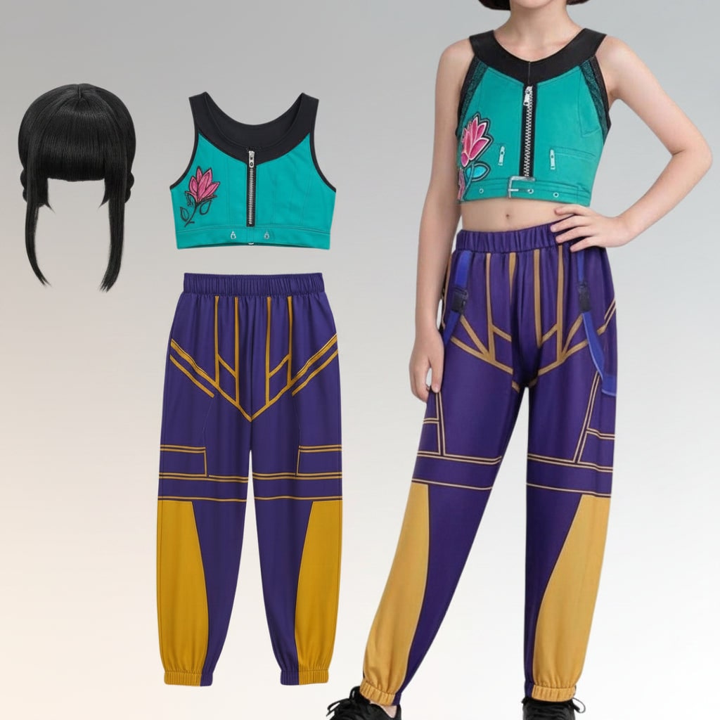 Halloween hiphop-dansoutfit voor kinderen met korte jas, top met print en wijd uitlopend rokje