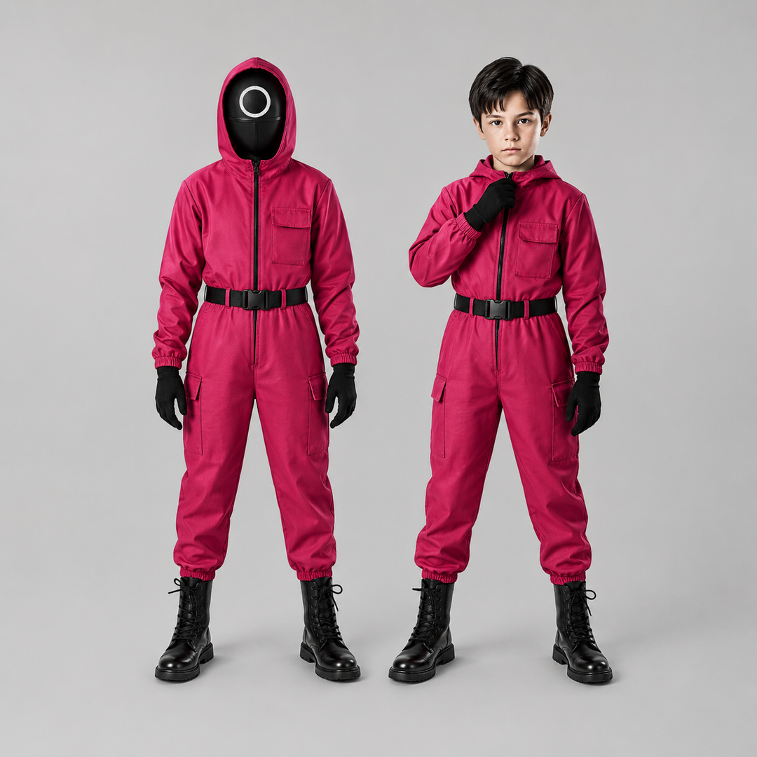 Kinder-Halloween jumpsuitkostuum met capuchon, mesh masker en handschoenen voor trick-or-treat