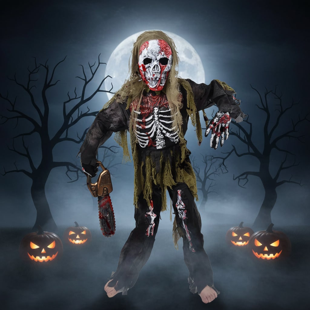 Halloween zombie-skeletkostuum voor kinderen met schedelmasker en handschoenen, driedelige set