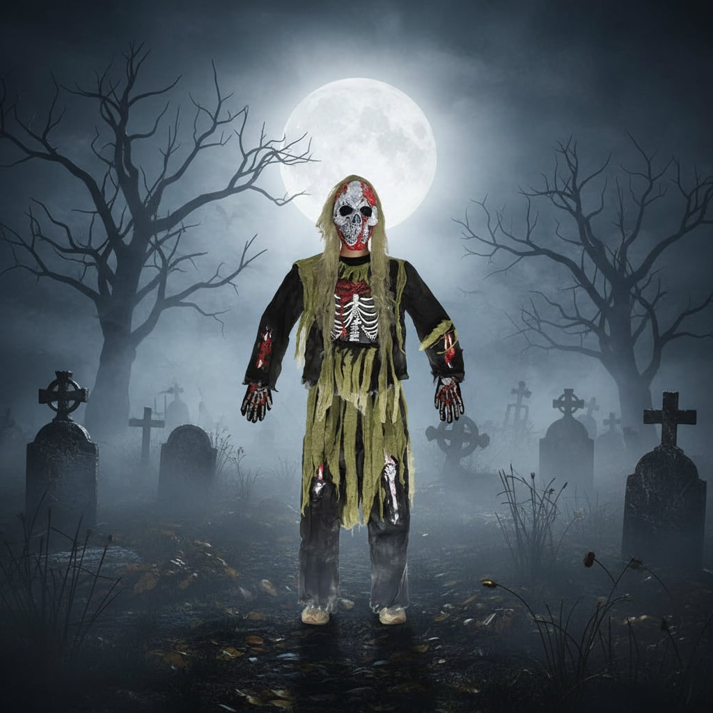 Halloween zombie-skeletkostuum voor kinderen met schedelmasker en handschoenen, driedelige set