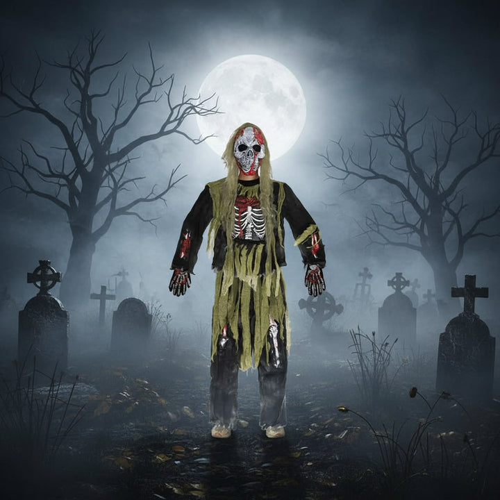 Halloween zombie-skeletkostuum voor kinderen met schedelmasker en handschoenen, driedelige set