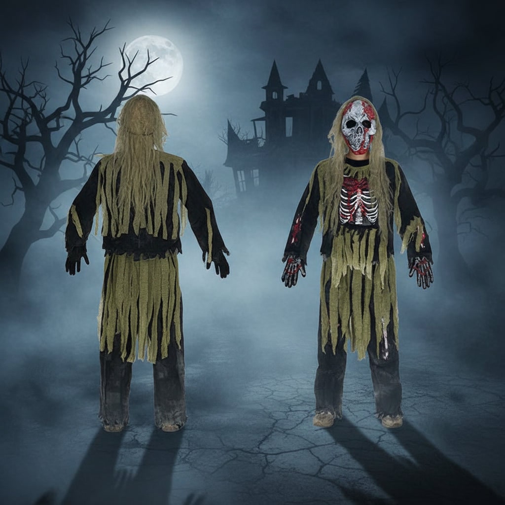 Halloween zombie-skeletkostuum voor kinderen met schedelmasker en handschoenen, driedelige set