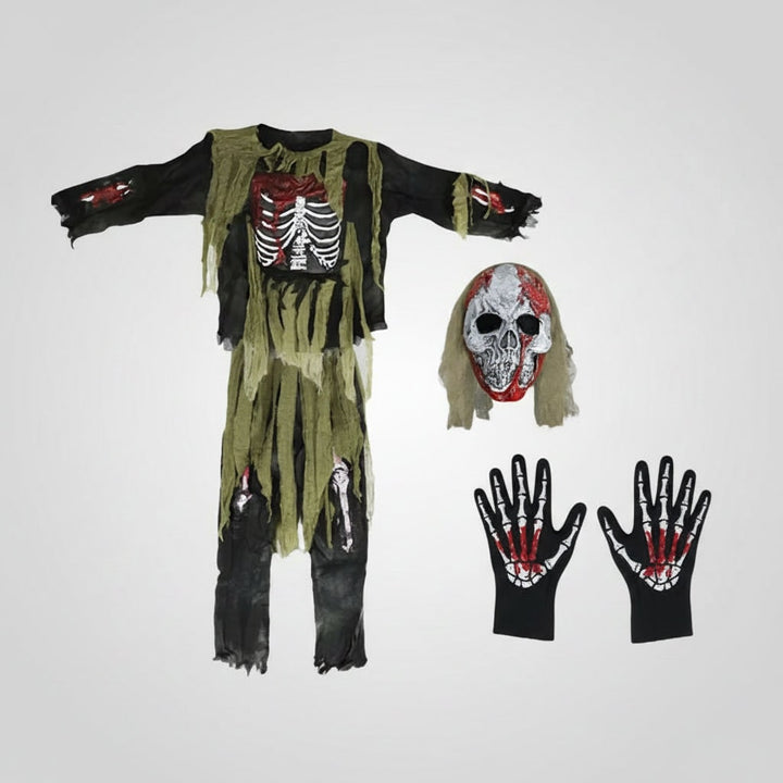 Halloween zombie-skeletkostuum voor kinderen met schedelmasker en handschoenen, driedelige set