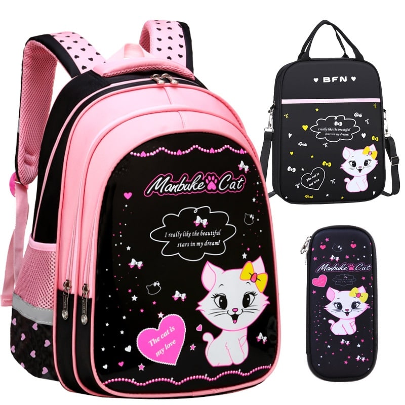 Kinderrugzak met lunchbox set met bijpassend etui cartoonkat print waterdicht en tas combo