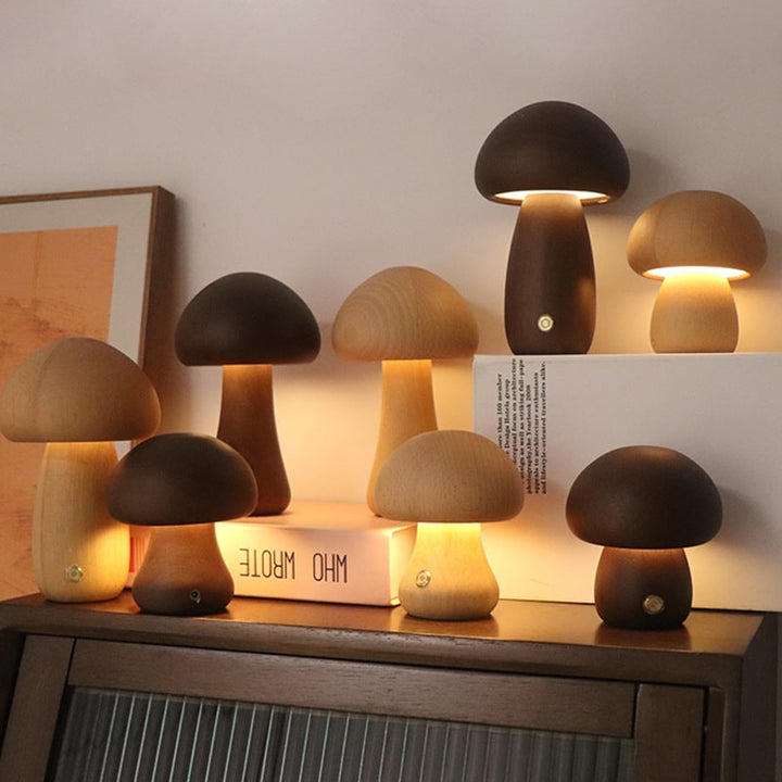 Kinder paddenstoelnachtlampje en lamp voor de slaapkamer met houten touchbediening, led-nachtkastlamp