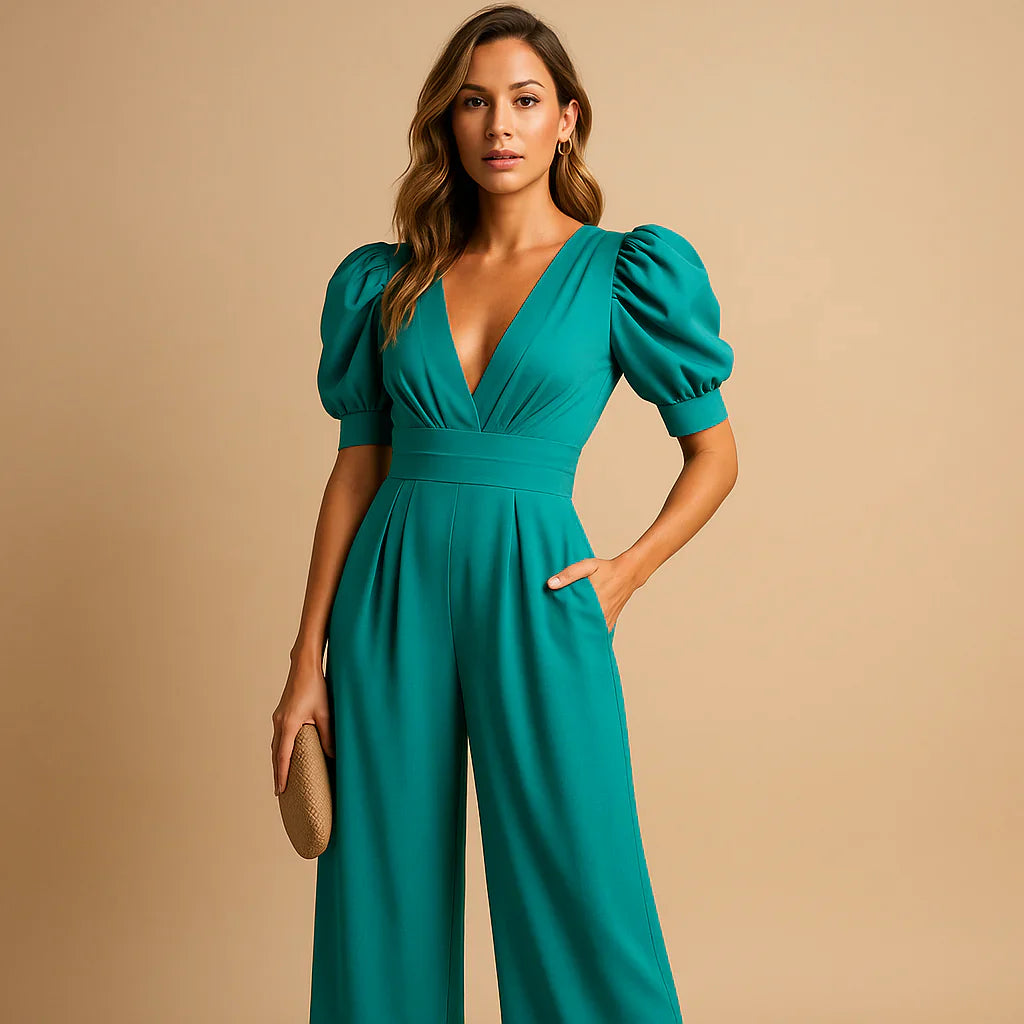 Flatterende jumpsuit met pofmouwen