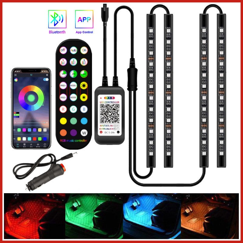 LED-strips voor auto-interieur met afstandsbediening en muzieksynchronisatie sfeerverlichting