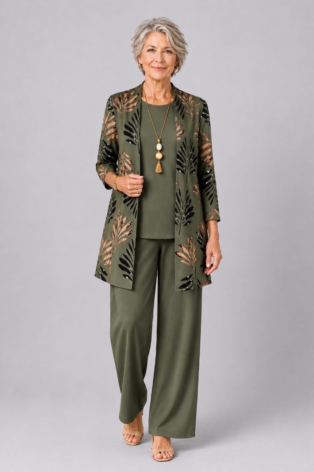 Set met bloemenprint: lang vest en broek met wijde pijpen voor dames