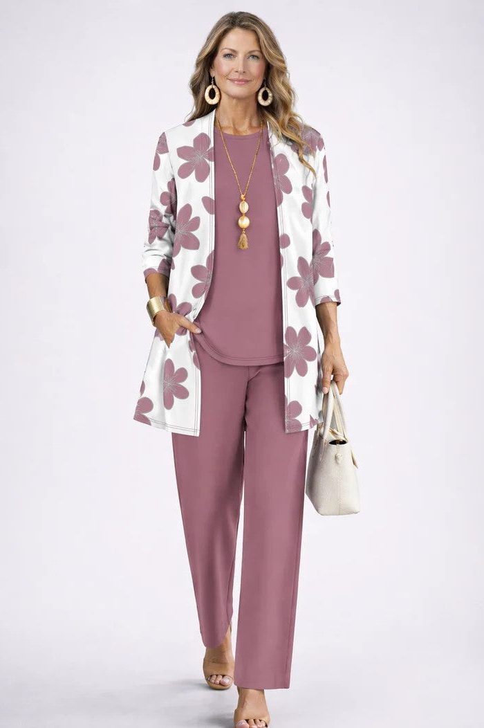 Set met bloemenprint: lang vest en broek met wijde pijpen voor dames