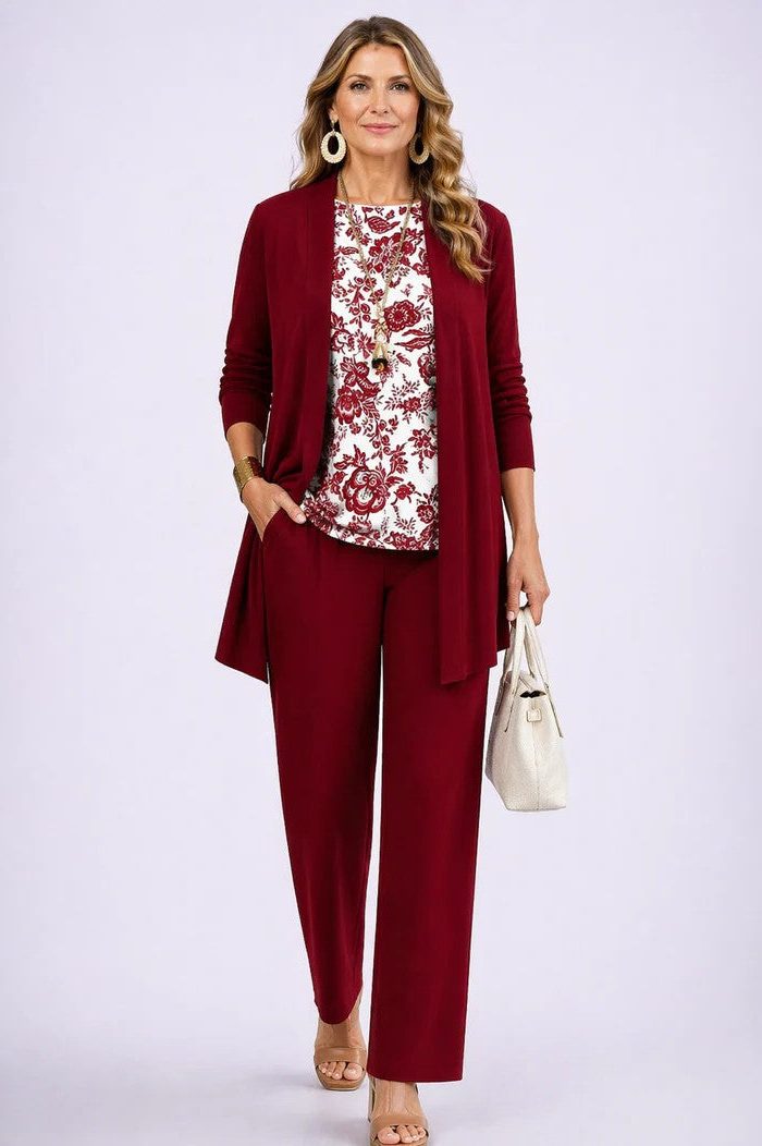 Set met bloemenprint: lang vest en broek met wijde pijpen voor dames