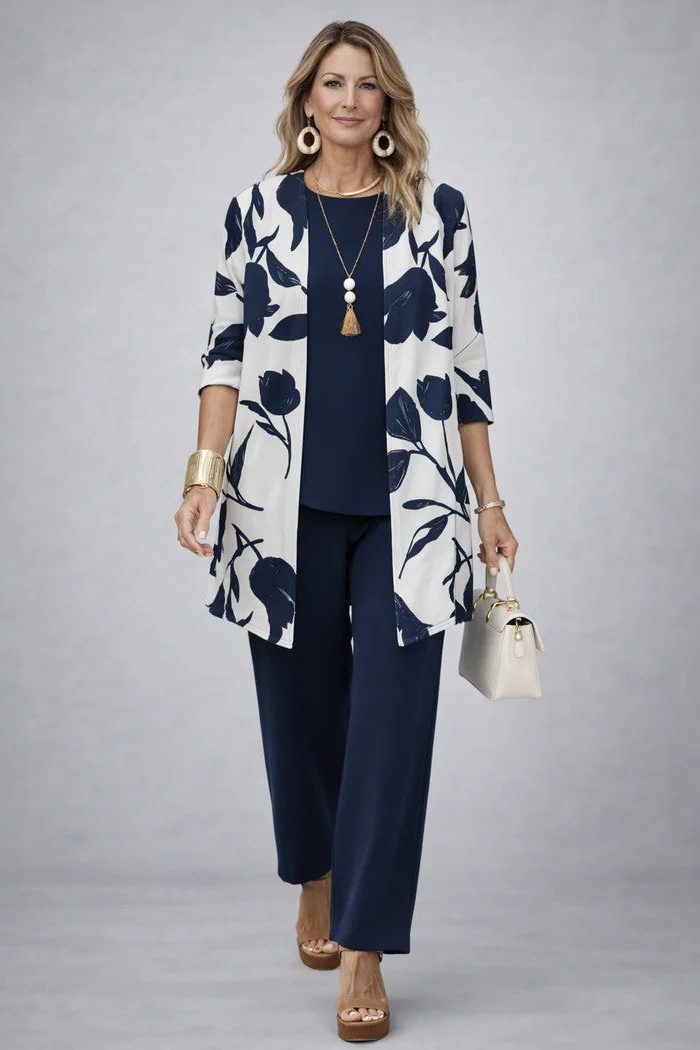 Set met bloemenprint: lang vest en broek met wijde pijpen voor dames
