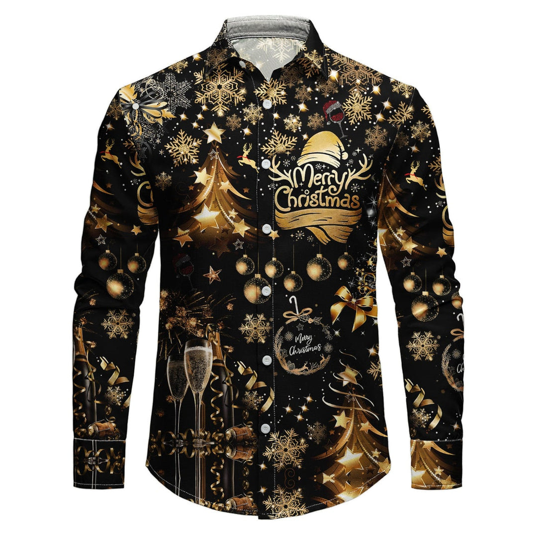 Wit herenoverhemd met knoopsluiting, kerstprint en klassieke kraag voor Kerstmis
