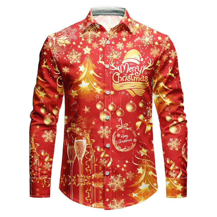 Wit herenoverhemd met knoopsluiting, kerstprint en klassieke kraag voor Kerstmis