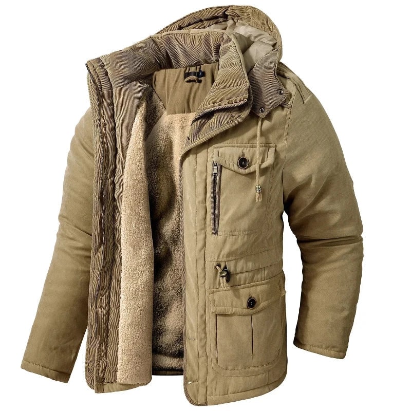 Heren winterjas met fleecevoering, afneembare capuchon en canvas buitenlaag