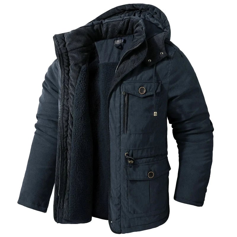 Heren winterjas met fleecevoering, afneembare capuchon en canvas buitenlaag