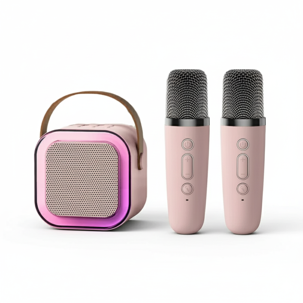 Mini-karaokeset met draadloze microfoons en draagbare bluetooth-speaker