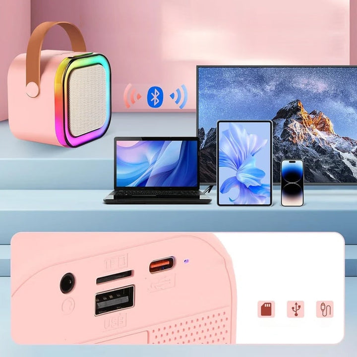 Mini-karaokeset met draadloze microfoons en draagbare bluetooth-speaker