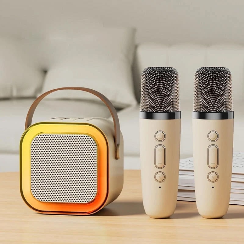 Mini-karaokeset met draadloze microfoons en draagbare bluetooth-speaker