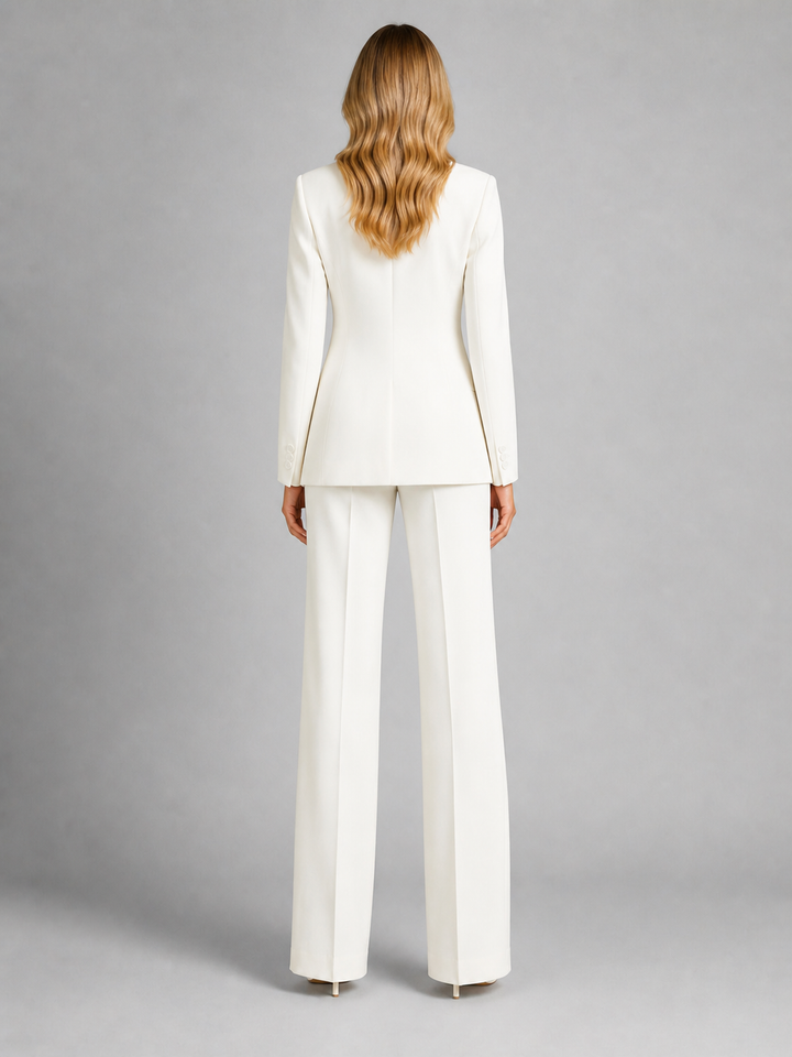 Dames tweedelig pantalonpak met blazer en wijd uitlopende broek