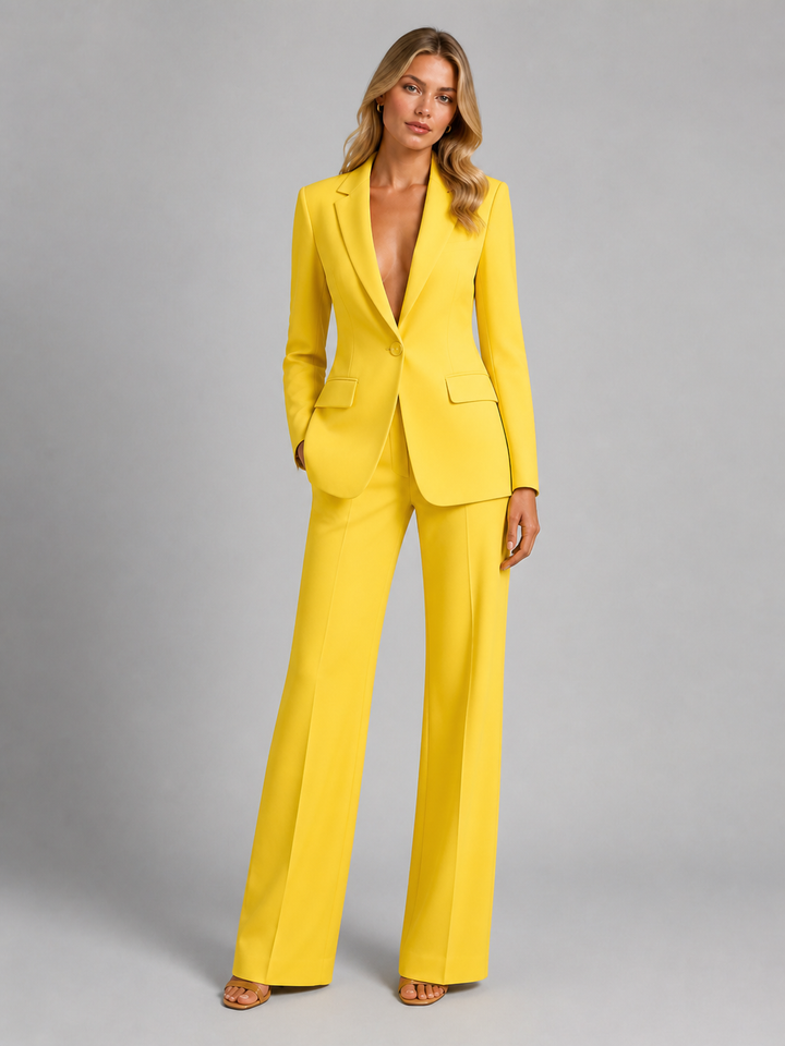 Dames tweedelig pantalonpak met blazer en wijd uitlopende broek