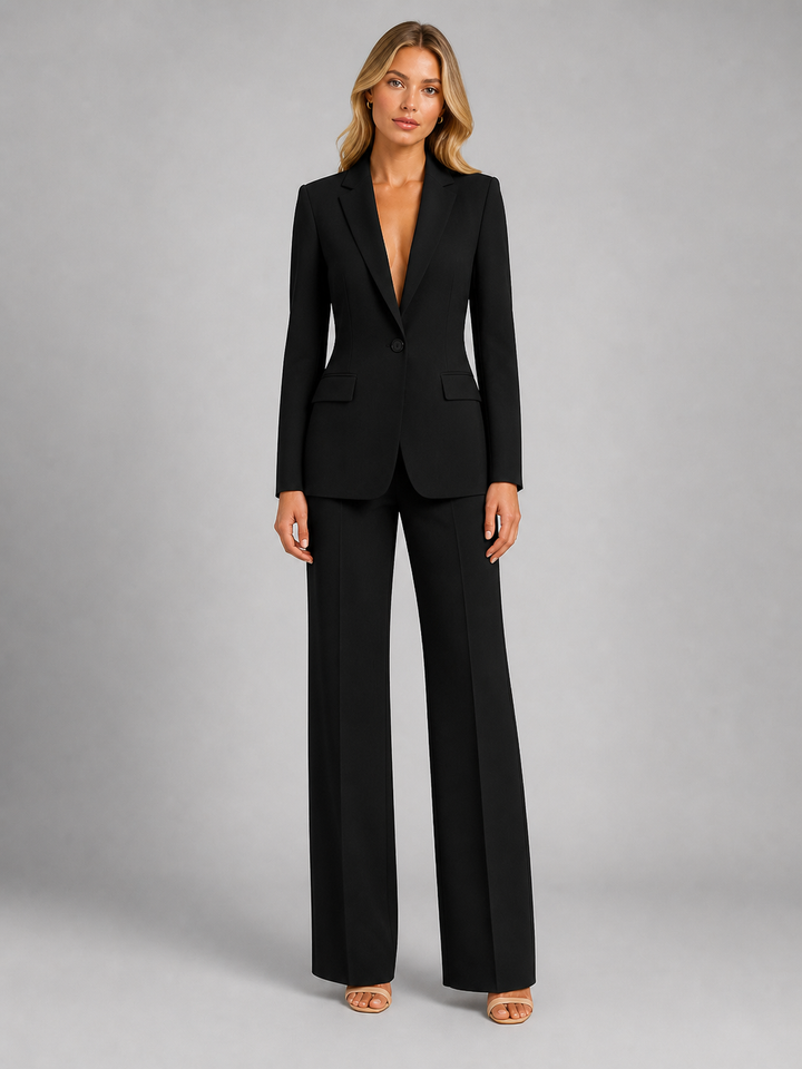 Dames tweedelig pantalonpak met blazer en wijd uitlopende broek