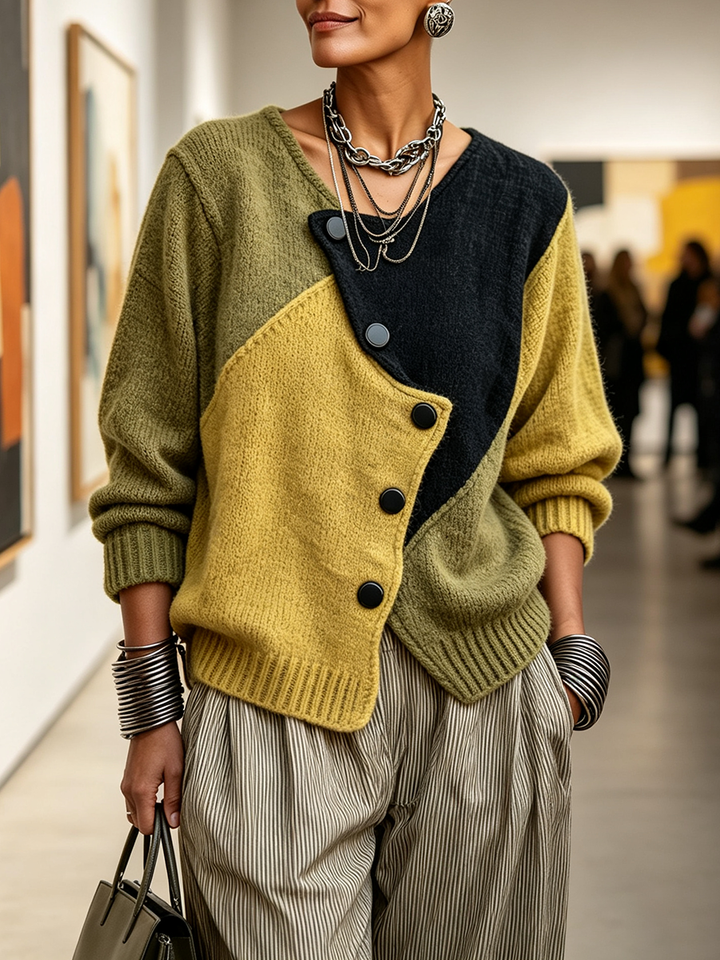 Gebreide damestrui met asymmetrische knopen in colour-block-look