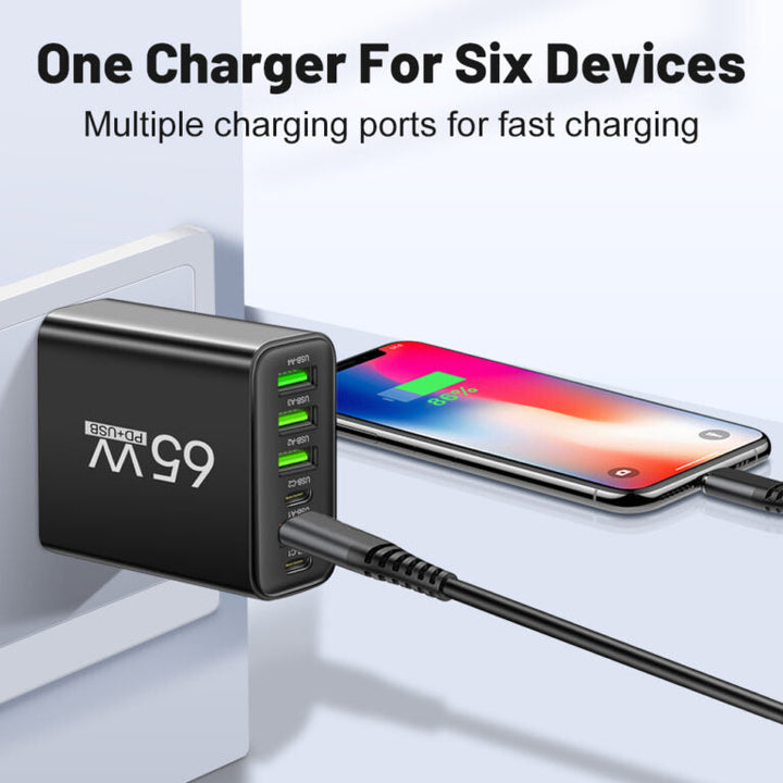 PowerMax 65W 6-in-1 Snellader – Laadt tot 6 apparaten tegelijk op – Ideaal voor thuis, kantoor en op reis