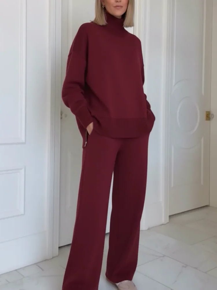 Loungewearset met rechte pijpen, col en lange mouwen voor dames