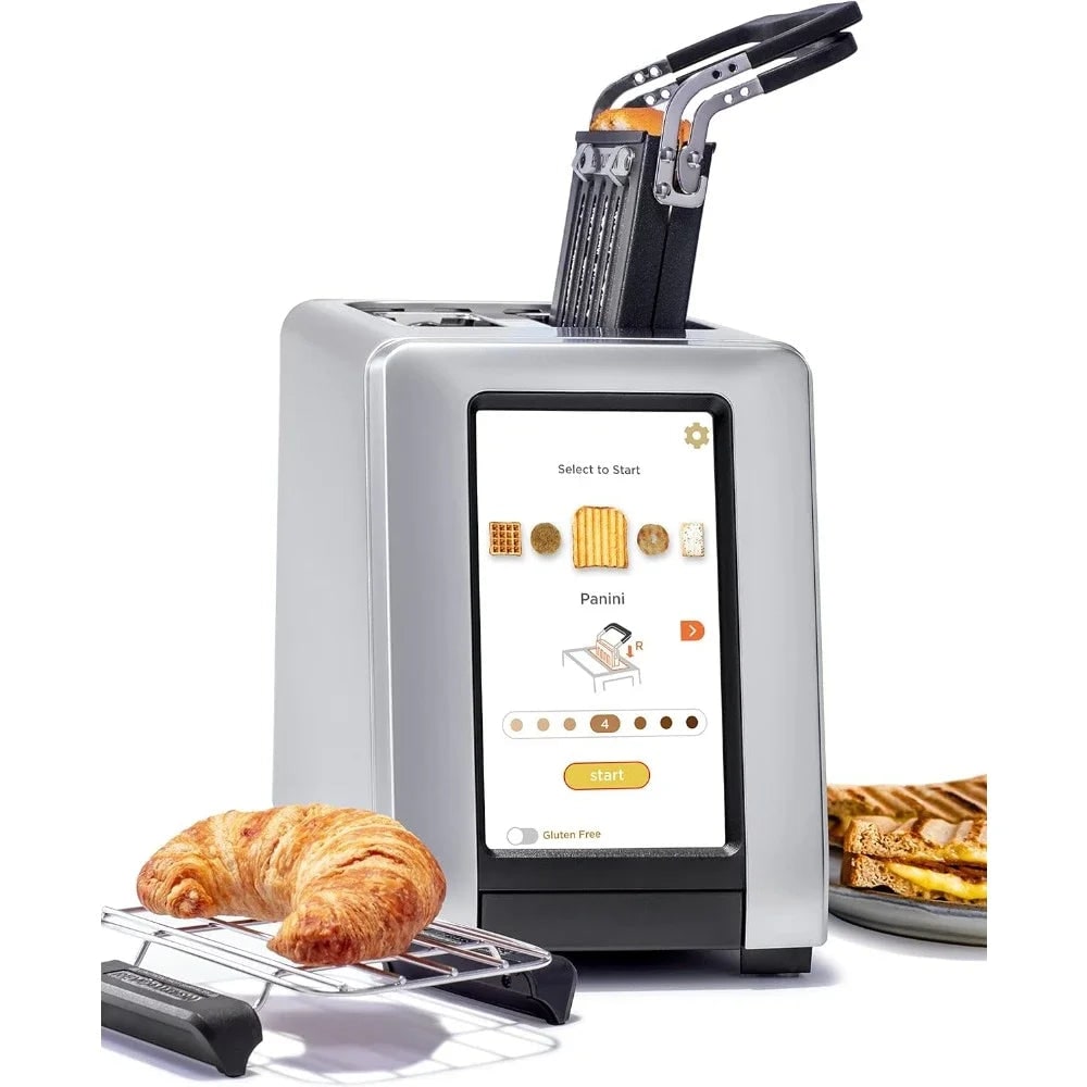 Slimme touchscreen-broodrooster voor twee sneetjes, paninipers, opwarmrek, metaal, digitaal